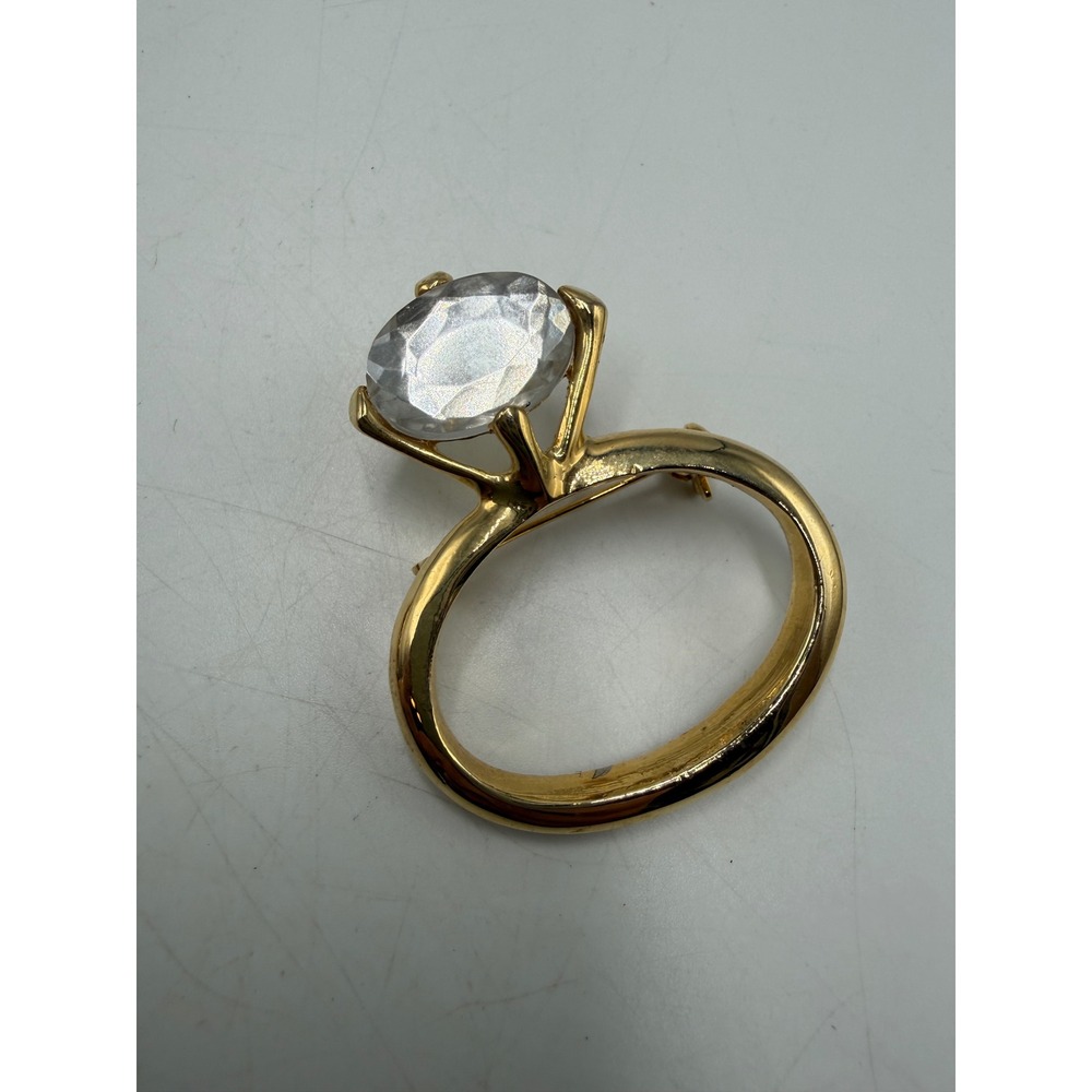 Vintage Oversized Solitaire Engagement Ring Brooch Gold Tone Clear Crystal Pin